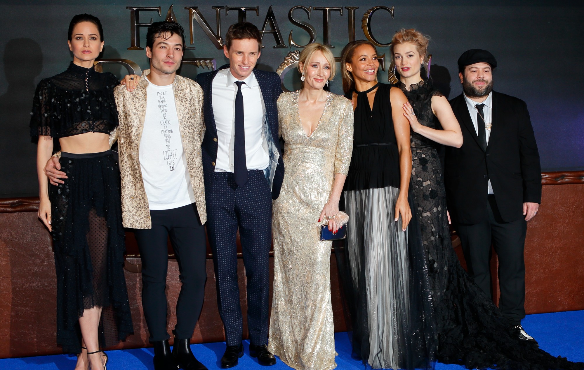 Katherine Waterston, Ezra Miller, Eddie Redmayne, J. K. Rowling, Carmen Ejogo, Alison Sudol and Dan Fogler at the premiere of ‘Fantastic Beasts And Where To Find Them’